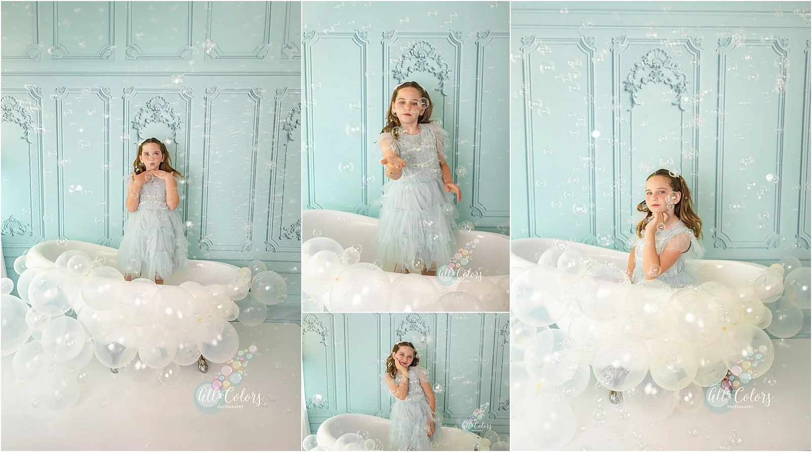 Photos of a white girl dressed in blue blowing bubbles inside a bath tub