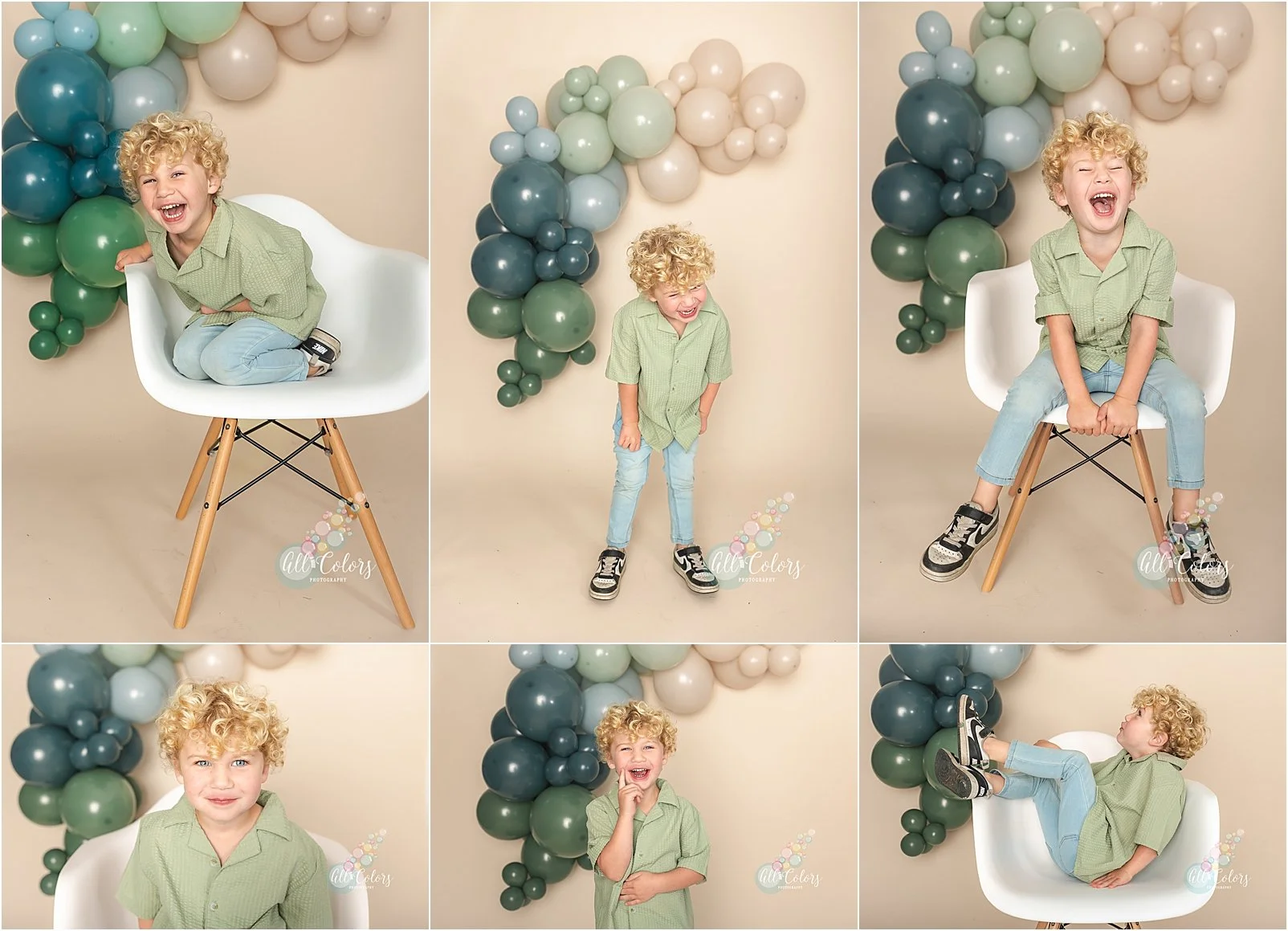 Blonde boy with big laughters at a studio birthday shoot.