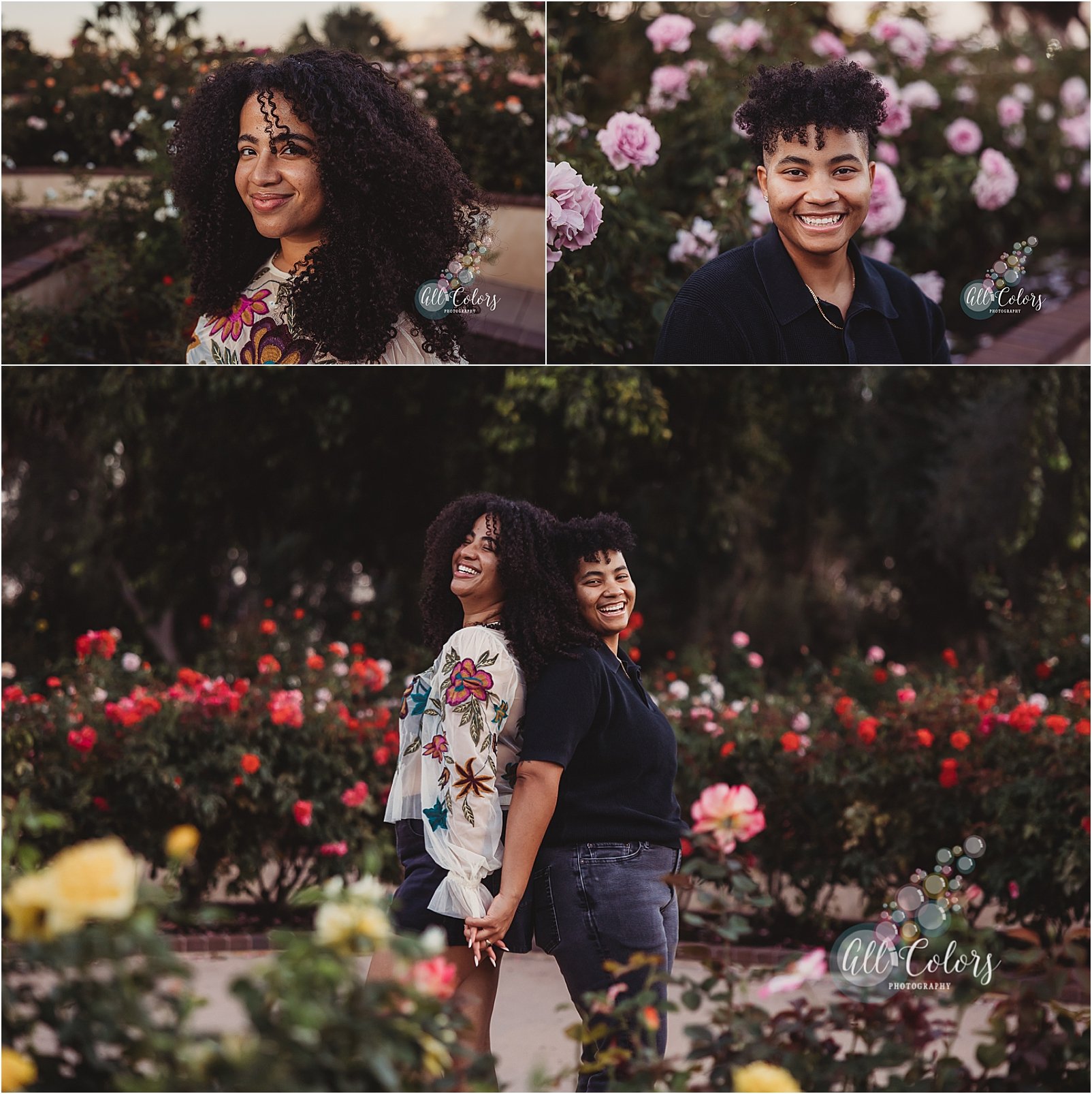 Photos of a couple at a Rose Garden