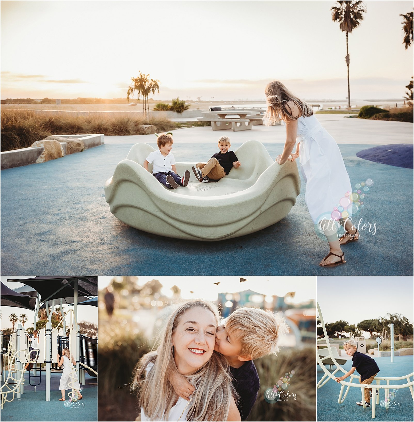 photos of a mom with her two boys playing at a playground in San Diego