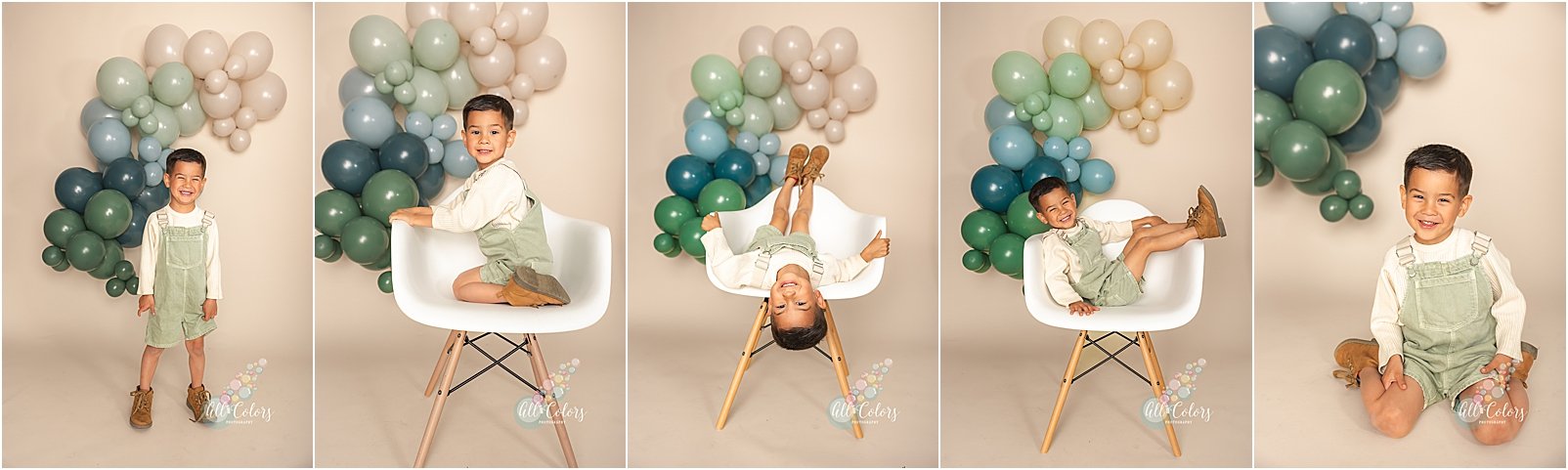 Five photos of a boy wearing sage color overalls and matching color balloons in the back.