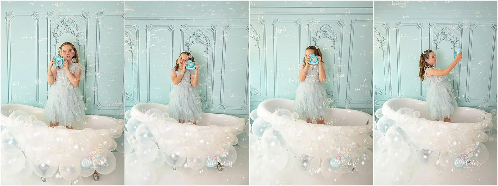 Photos of a girl taking photos with a fake blue camera in a bath tub full of bubbles