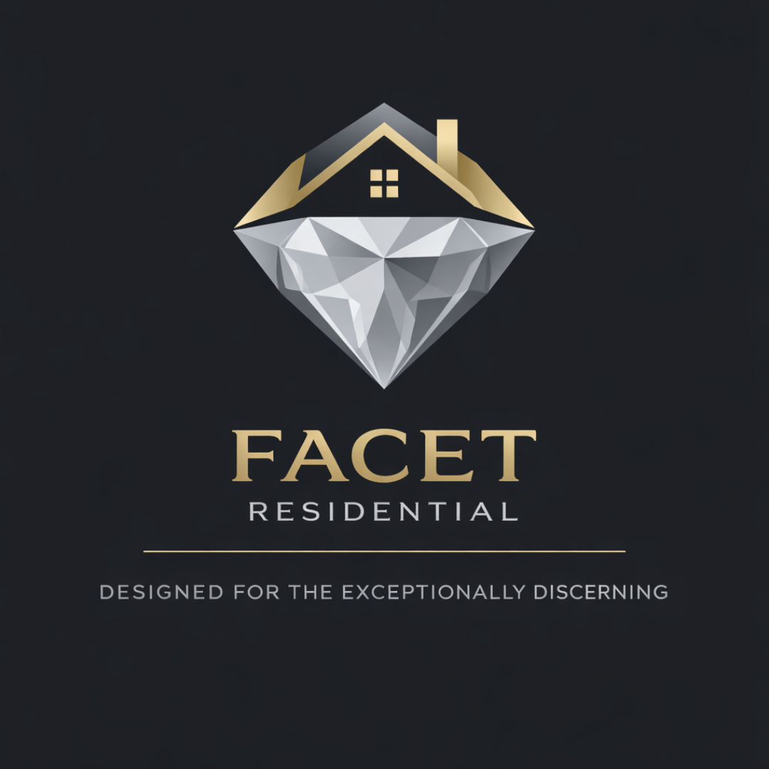 Faceted Residential logo featuring a house with a diamond beneath it, in gold and silver colors on a black background, with the text 'Facet Residential' and the slogan 'Designed for the exceptionally discerning'.