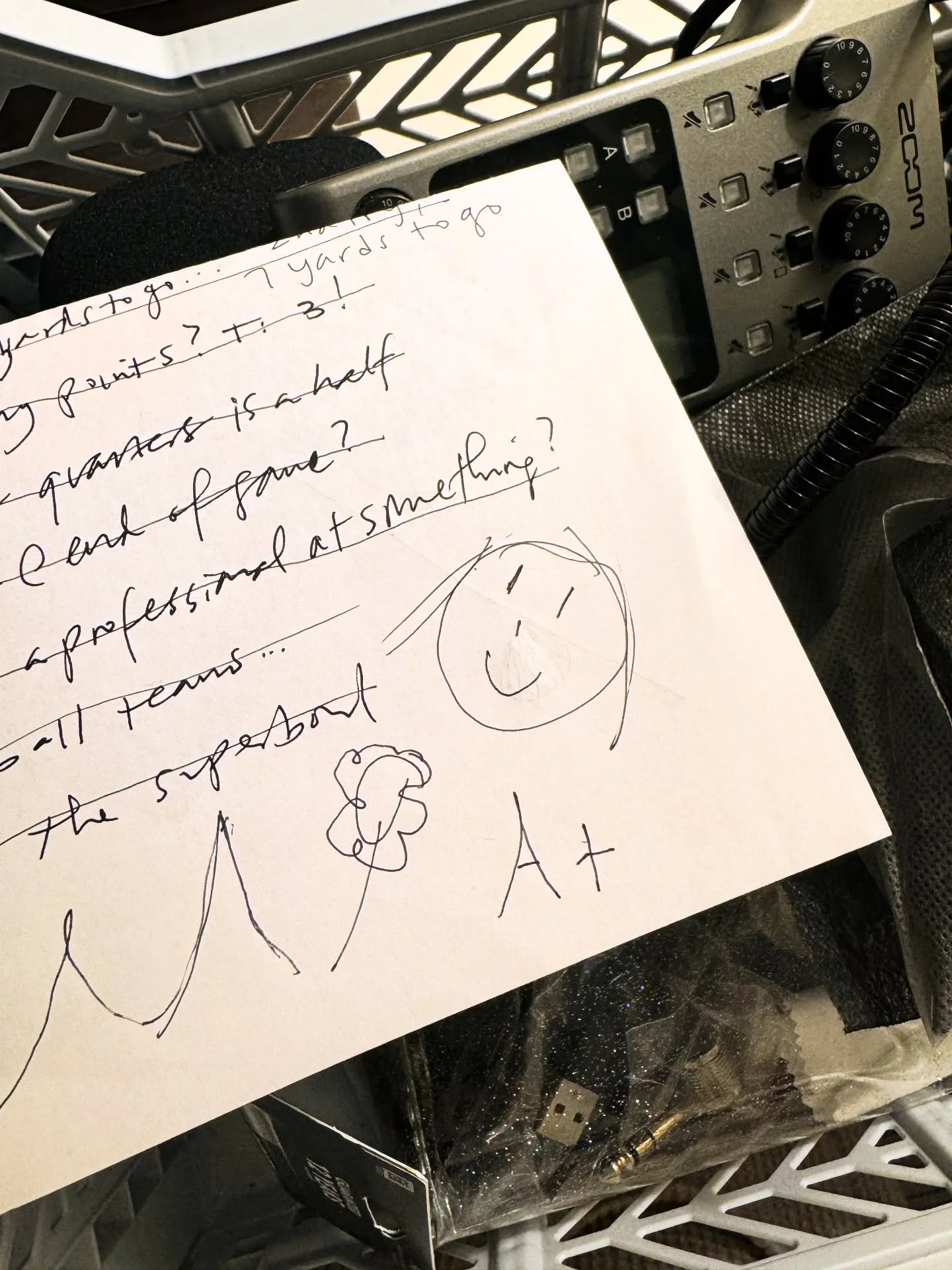 Self-graded A+ podcast session 😃 When we record T&rsquo;s part, I write out the questions so that she knows how many there are and can cross them out. A great feeling, no matter how old you are.