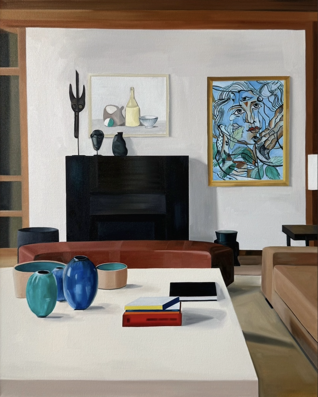 "Morandi Mantel" (2026). Oil on canvas. 24 x 30 inches.