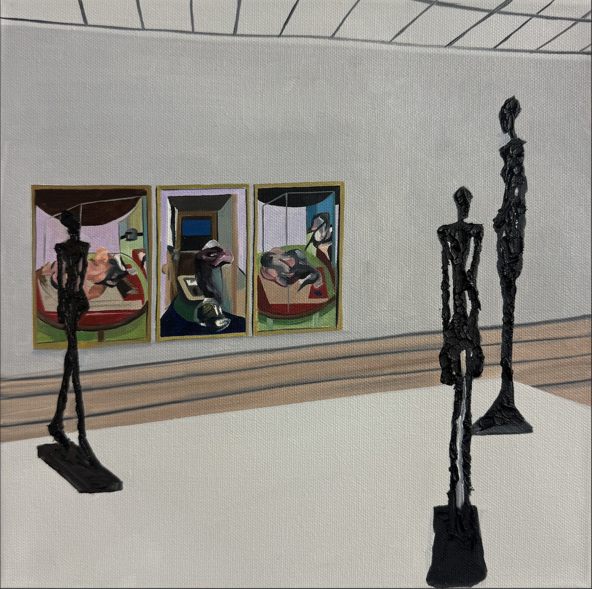 "Bacon Giacometti / Beyeler" (2025). Oil on canvas. 12 x 12 inches.