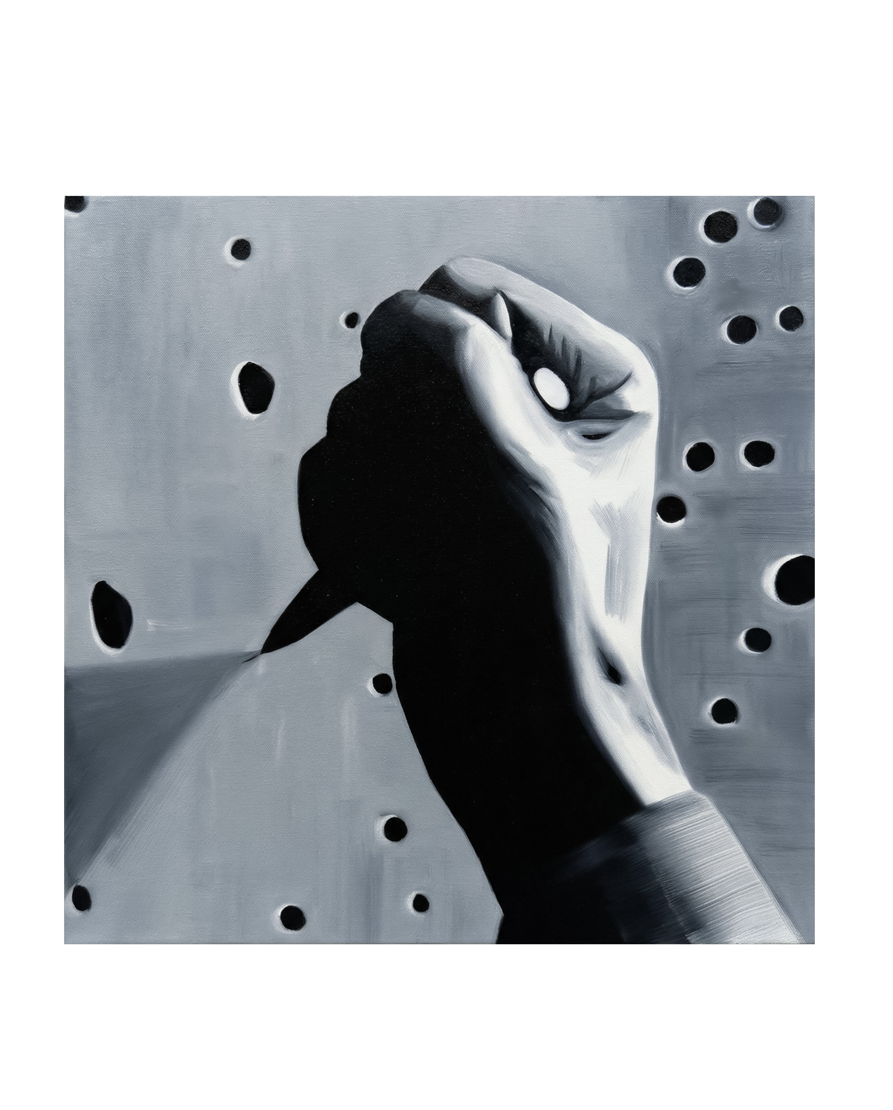 "Puncture (Fontana)" (2026) . Oil on canvas. 16 x 16 inches.