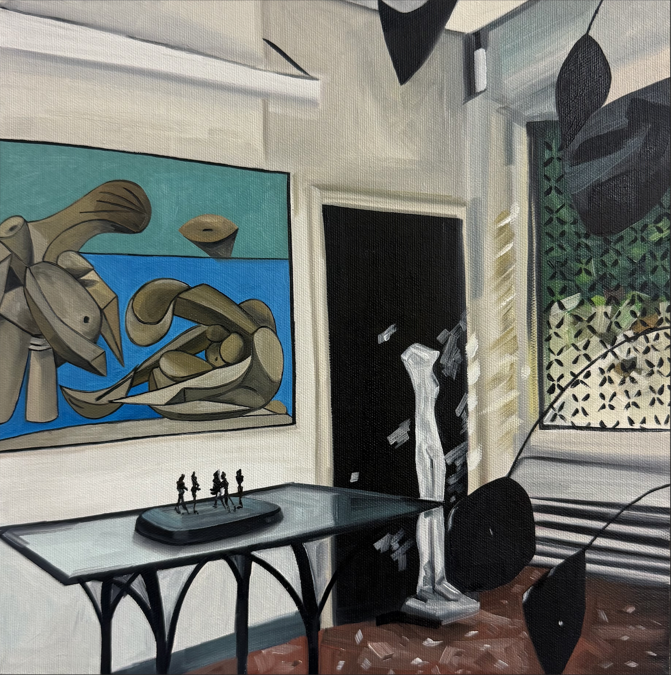 "Picasso / Peggy Guggenheim" (2025). Oil on canvas. 12 x 21 inches.