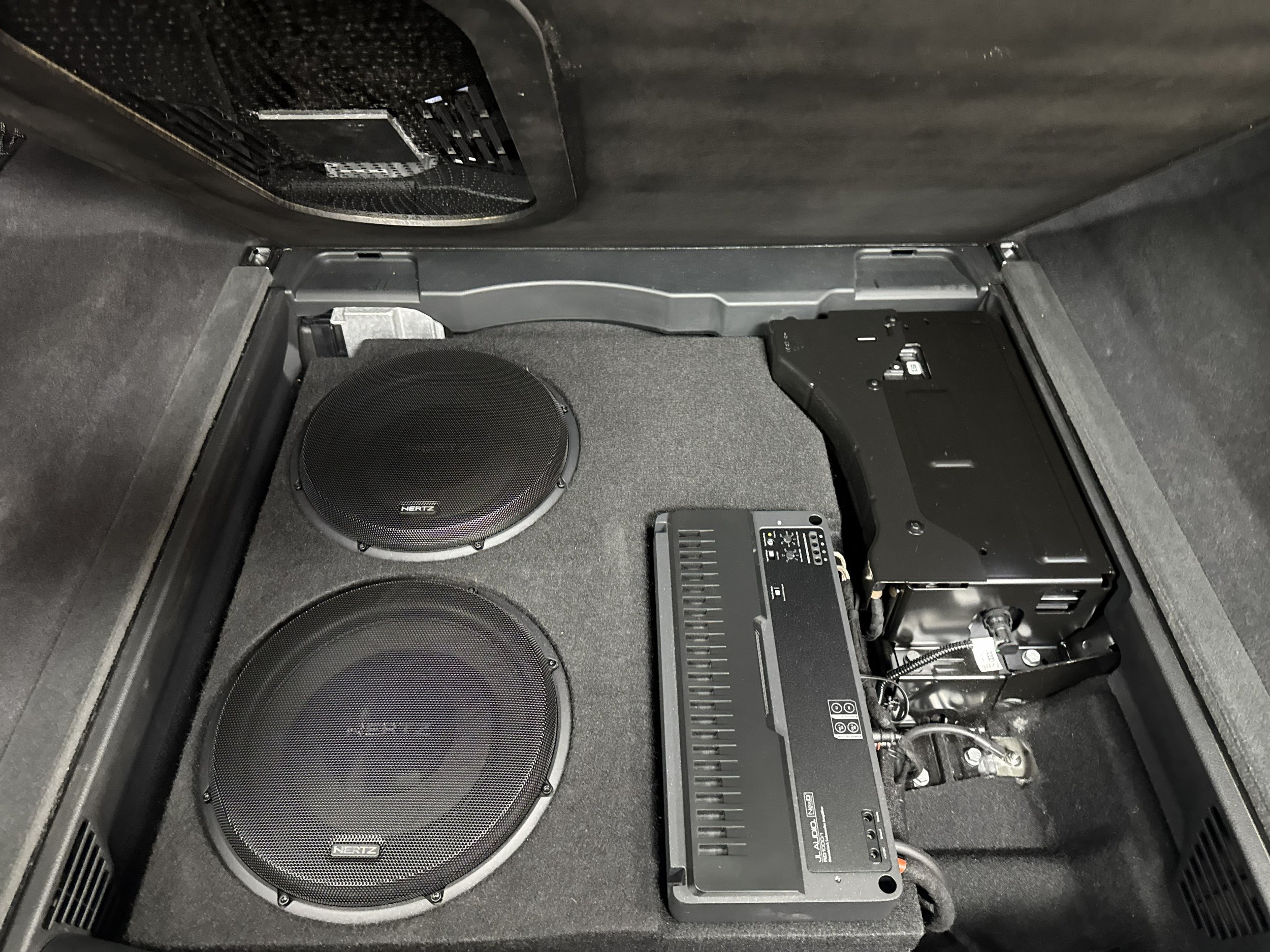 Custom Subwoofer enclosure for 2 x 12 inch Mille Pro Shallow subwoofers and a JL Audio RD 1000/1 Mono Amplifier