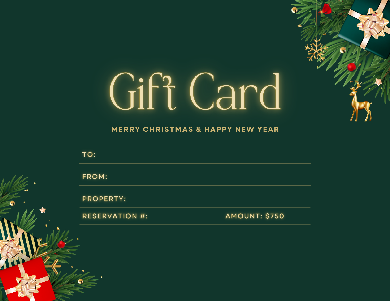 Holiday-themed gift card design with text fields for recipient information. Adorned with festive decorations like ribbons, ornaments, and pine branches. Denomination is $750.
