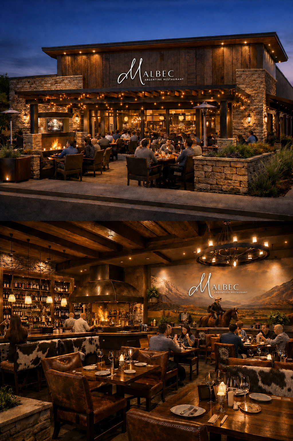 Two images of a restaurant named Malbec, with the exterior showing an outdoor patio filled with seated diners under warm string lights and the interior featuring a rustic decor with wooden ceiling beams, bar area, and people dining inside.