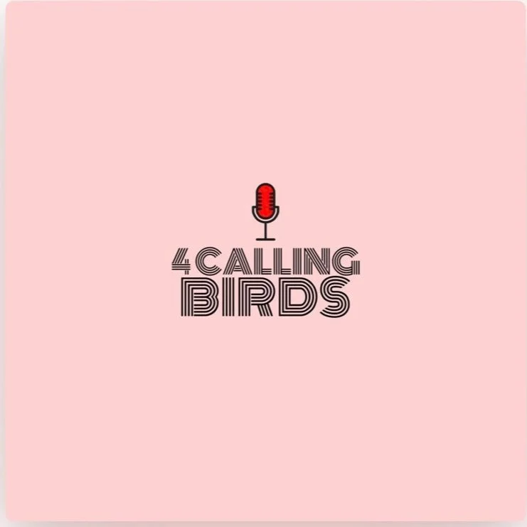 pink back bround with simple illustration of a microphone and text 4 calling birds