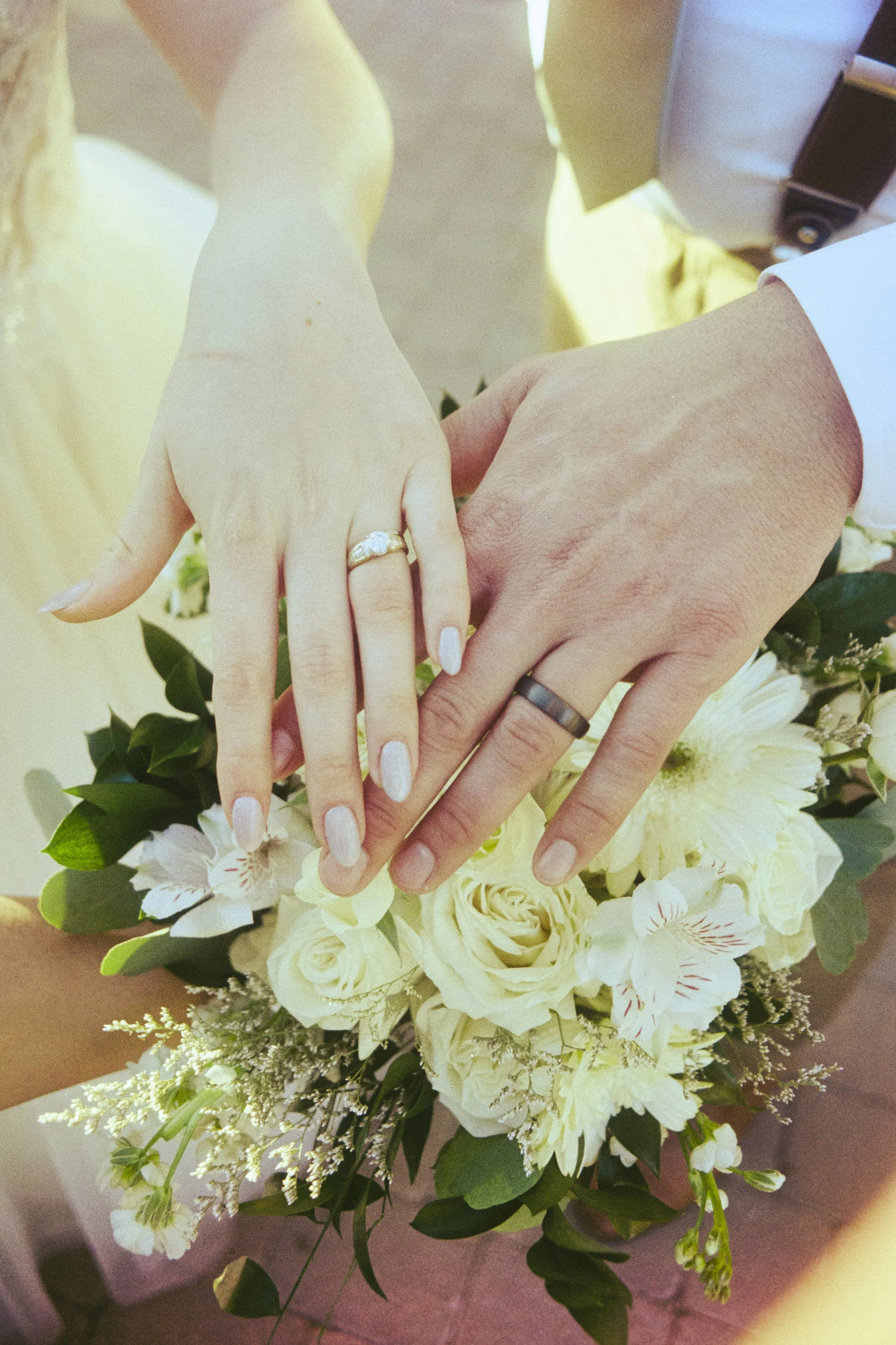 Close-up of a brown and green hammock with a red tag that reads "Grand Trunk" hanging between trees in a forest with pine trees and fallen pine needles on the ground.