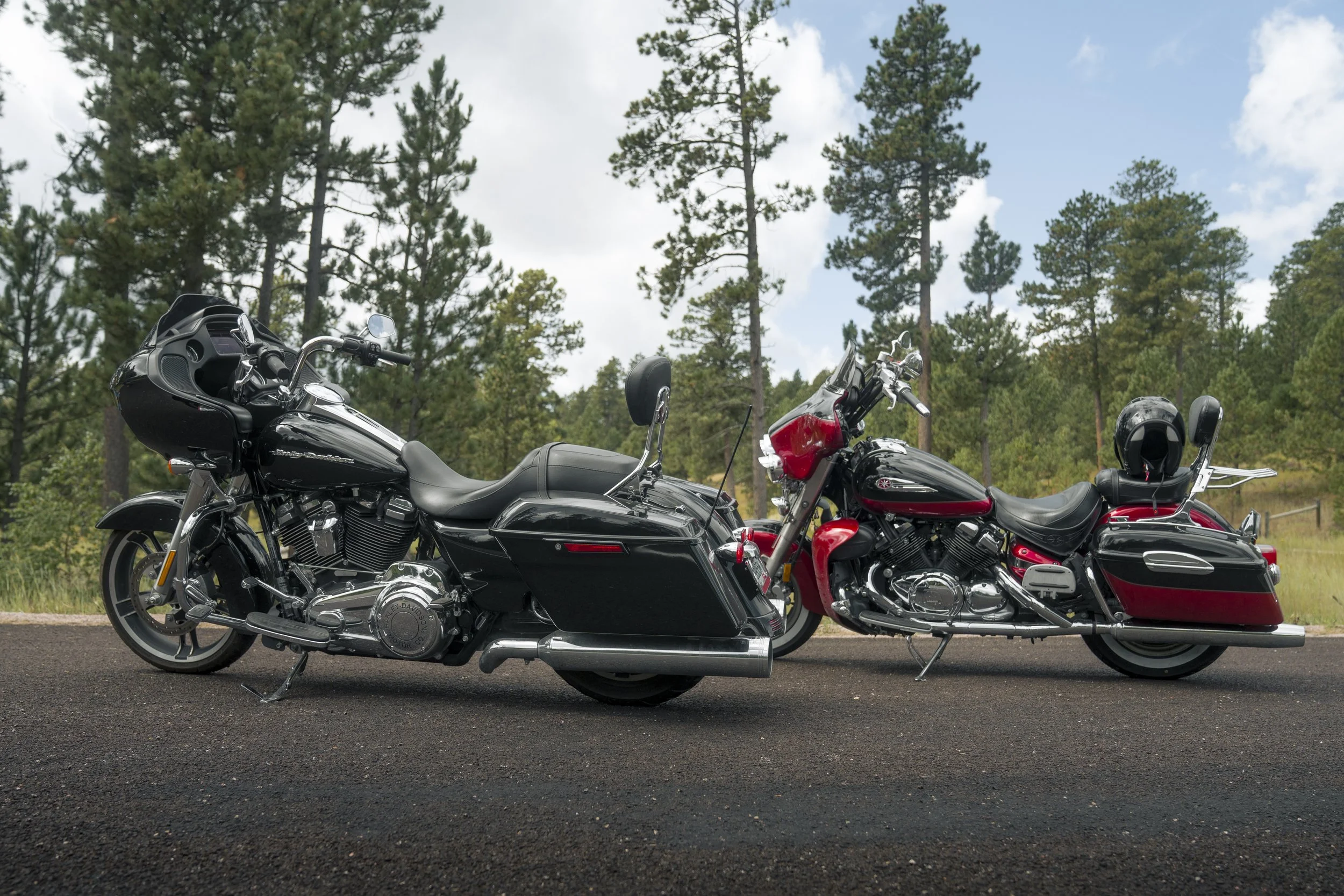 Two Harley-Davidson motorcycles parked on the side of a road in front of a forest of tall green pine trees under a partly cloudy sky.