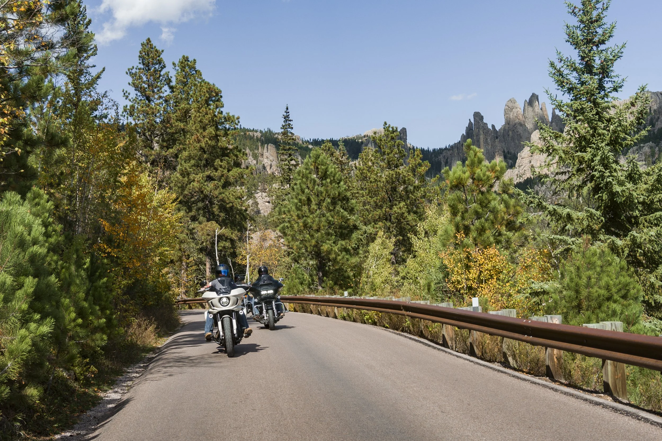 Three motorcyclists riding on a winding mountain road surrounded by dense green pine trees, with rocky mountain peaks in the background under a clear blue sky.