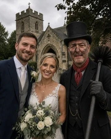 A newlywed couple standing with a man dressed as a Victorian gentleman outside a church.