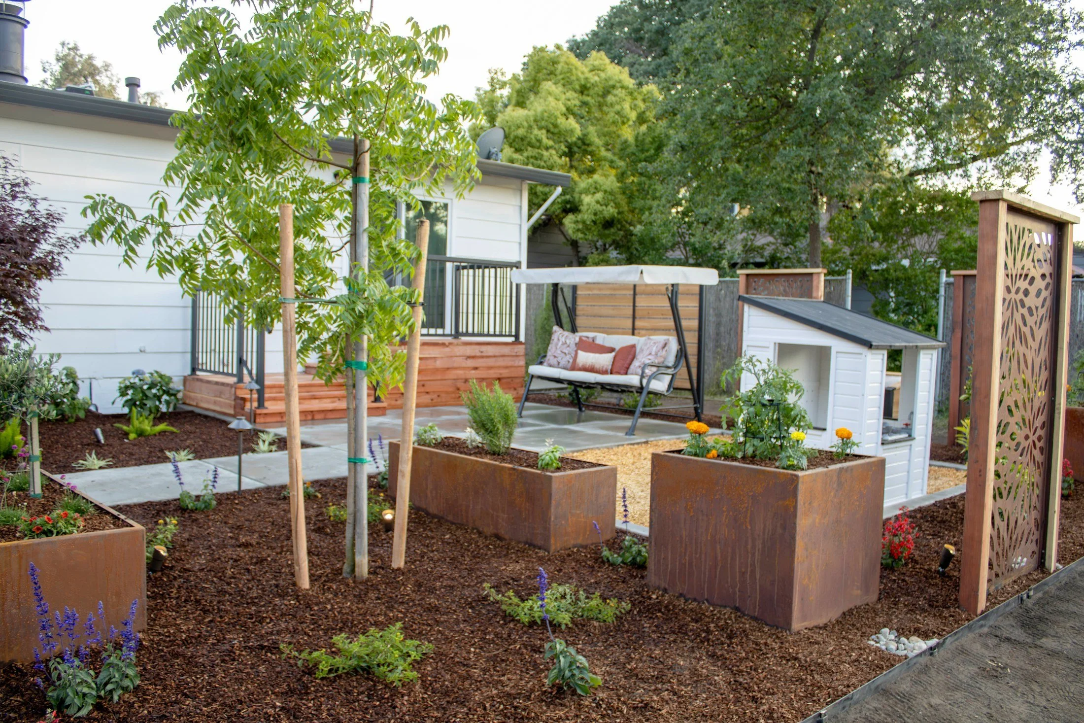 Raised Corten steel planters for vegetables and cut flowers, with young Japanese maples and a play zone for the kids.