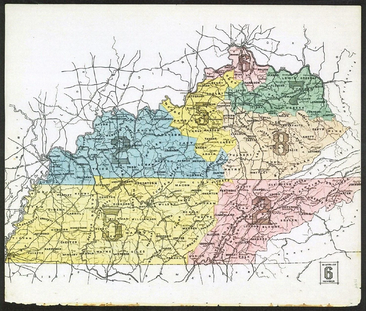 Historic map of Kentucky and Tennessee divided into numbered distillery districts, including District 7 in central Kentucky.