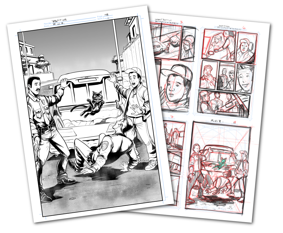 Comic book page depicting two police officers inspecting a car trunk with a cat inside. One officer is surprised, while another interacts with a person on the ground. Background shows comic panels with rough sketches.