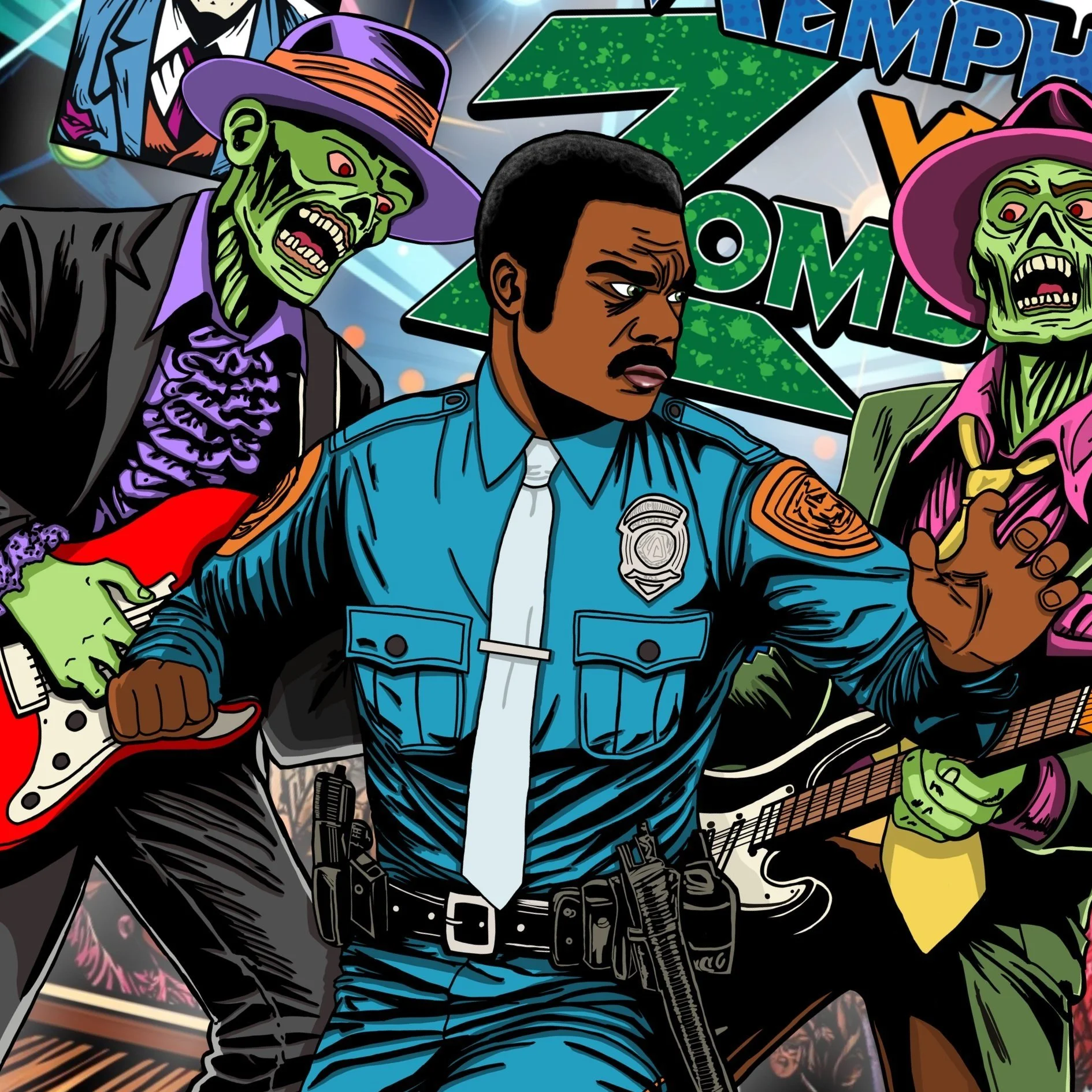 Illustration of a police officer surrounded by green-skinned zombie musicians with guitars, wearing colorful suits and hats. The background features the text 'Zombies' in a comic book style.