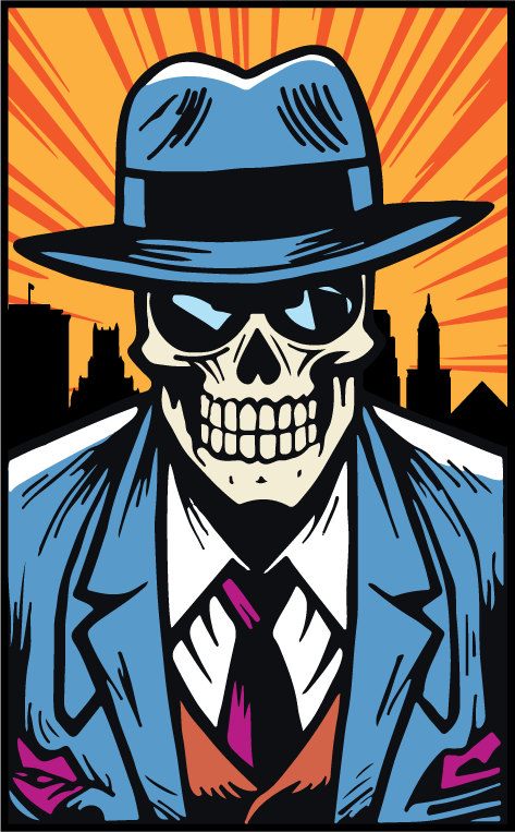 Illustration of a skeleton in a blue suit and hat with a city skyline background, featuring an orange sunburst.