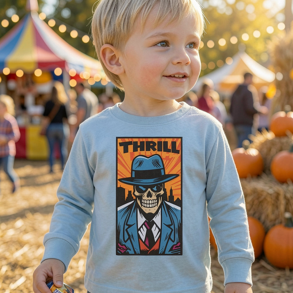 Child wearing Thrill logo t-shirt.