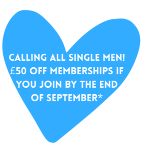 Blue heart with promotional message offering £50 off memberships for single men if they join by the end of September.