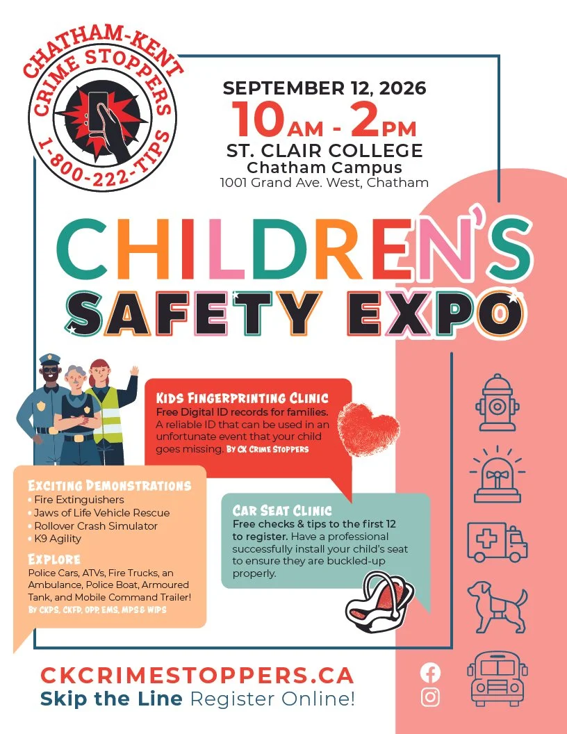 Flyer for a Children's Safety Expo on September 12, 2026, from 10 a.m. to 2 p.m. at St. Clair College, Chatham Campus. Features fingerprinting clinic, demonstrations, and car seat clinic. Organized by CK Crime Stoppers. Contact info and social media icons included.