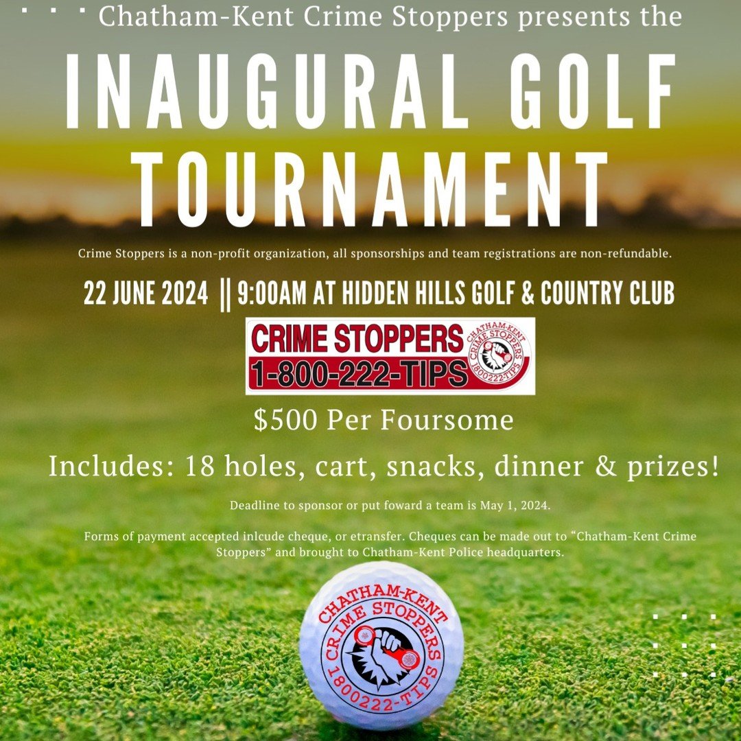 🚨SPOTS ARE FILLING UP QUICK🚨

Secure your team's spot and support your Chatham-Kent Crime Stoppers! ⛳️

https://www.ckcrimestoppers.ca/