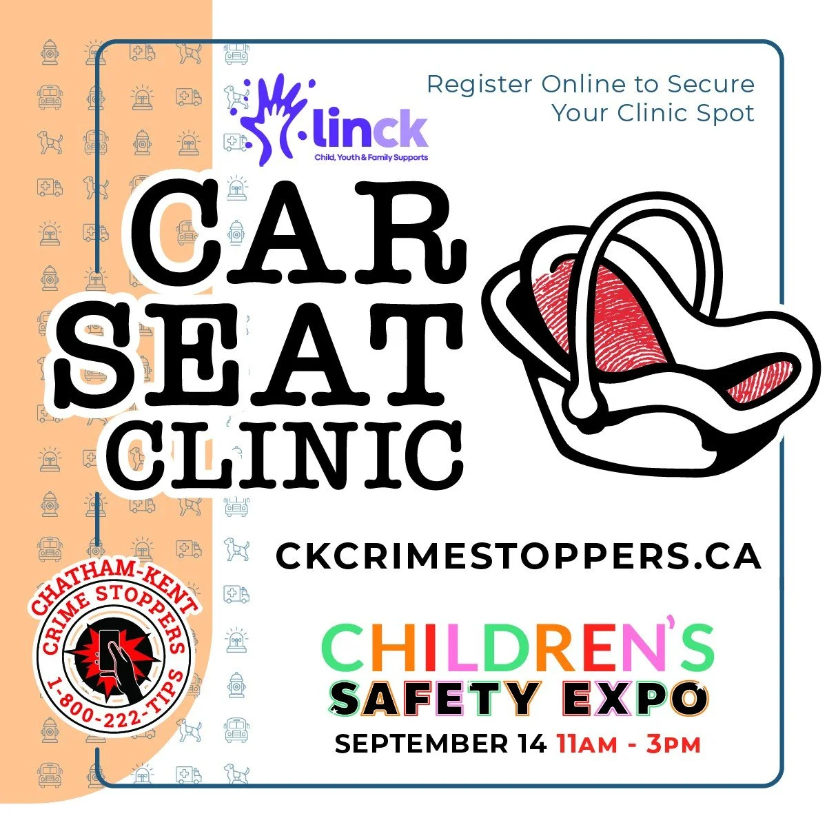 Ensure your little one is safe on the road!

LINCK will be on site at the Children&rsquo;s Safety Expo offering FREE certified car seat installation.

⚠️ Spots are limited&mdash;sign up now at 👉 ckcrimestoppers.ca
📅 Sunday, Sept. 14 | 11am&ndash;3p