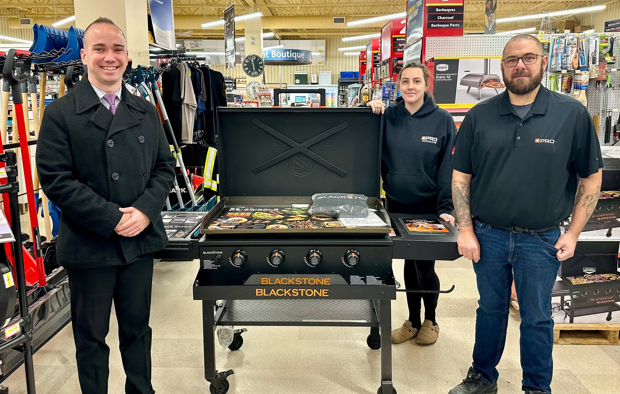 Tilbury Home Hardware has donated a beautiful Blackstone BBQ as a prize to be wone by a lucky golf tournament attendee! Pictured here are owner Manager Ryan Zemmicky and assistant manager Emily Mailhot, joined by CK Crime Stoppers Board Member Aaron 