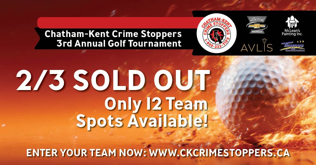REGISTER YOUR TEAM NOW! Spaces are filling up.
June 20, 2026 - Maple City Country Club

https://www.ckcrimestoppers.ca/store/p/chatham-kent-crime-stoppers-golf-tournament-team-registration

$800 per foursome. Includes: 18 holes, cart, snacks, dinner 