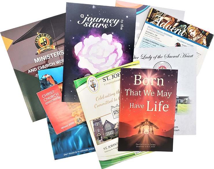 Assorted church-related brochures and bulletins, including "A Journey to the Stars" and "Born That We May Have Life."