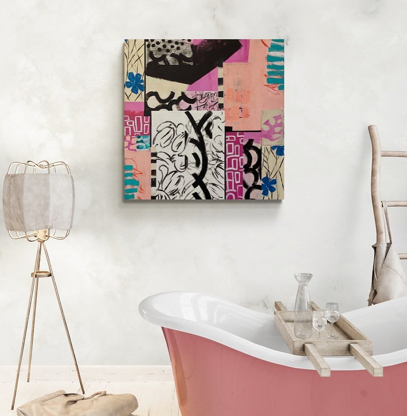 The painting is an urban modern style piece featuring a color palette of pink, black, white, beige, and a hint of blue. It depicts a serene Easter Sunday scene in a beautiful, relaxing bathroom with a tub. The artwork captures a sense of modernity an