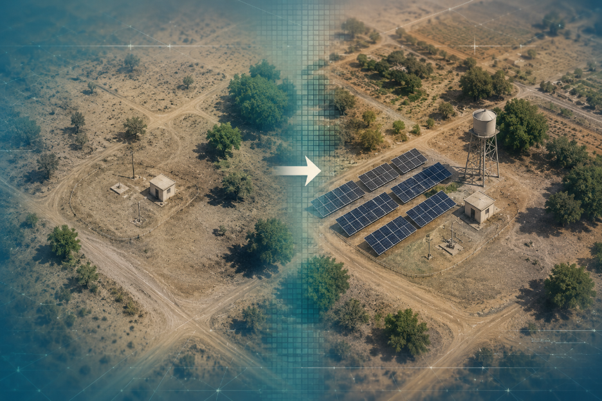 Aerial view of a circular water storage tank and solar panel array in an arid rocky landscape, showing the type of visible infrastructure that satellite imagery can identify as part of a remote evaluation approach.