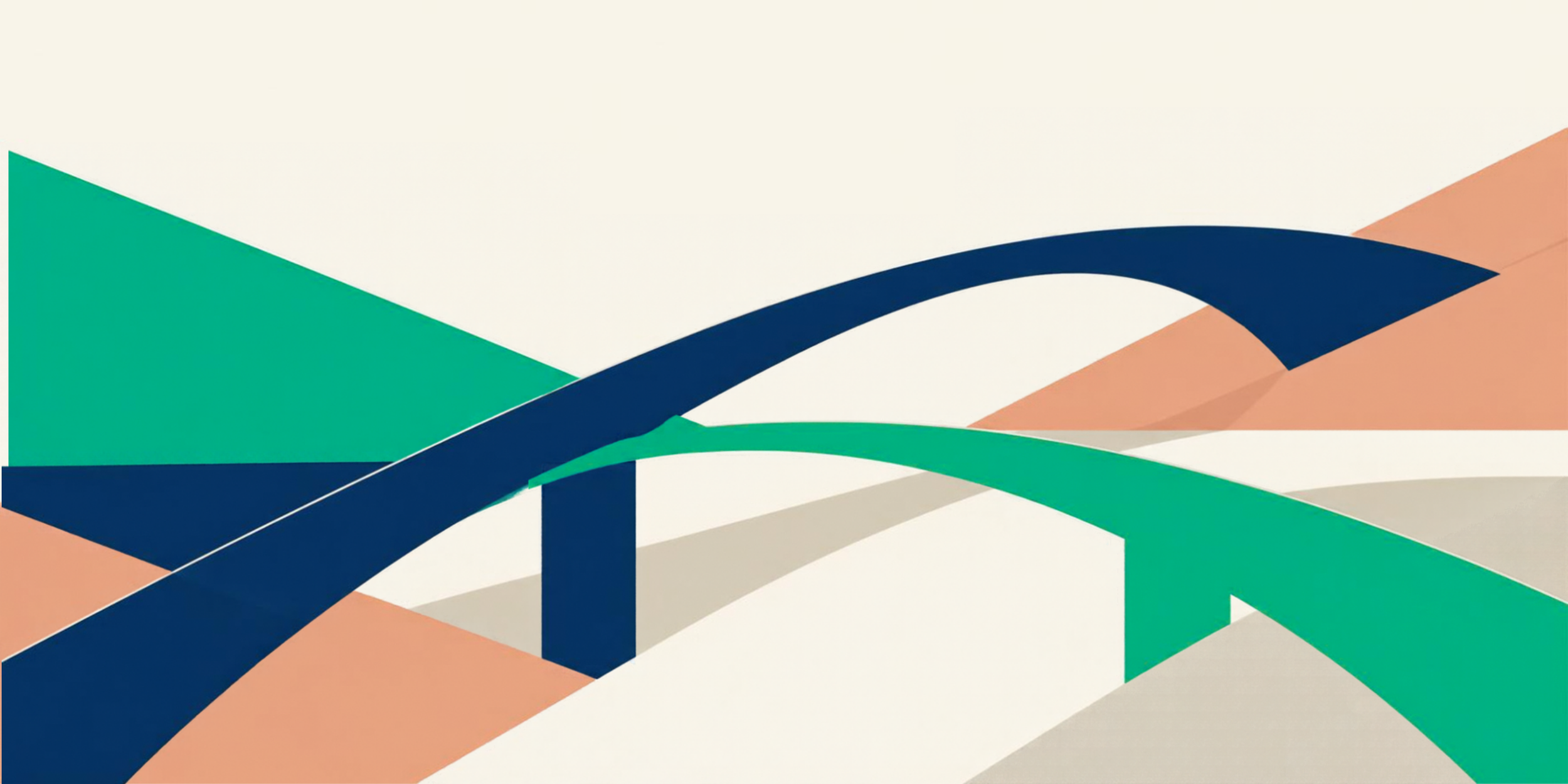 Abstract illustration of overlapping navy, green and terracotta pathways on an off-white background.