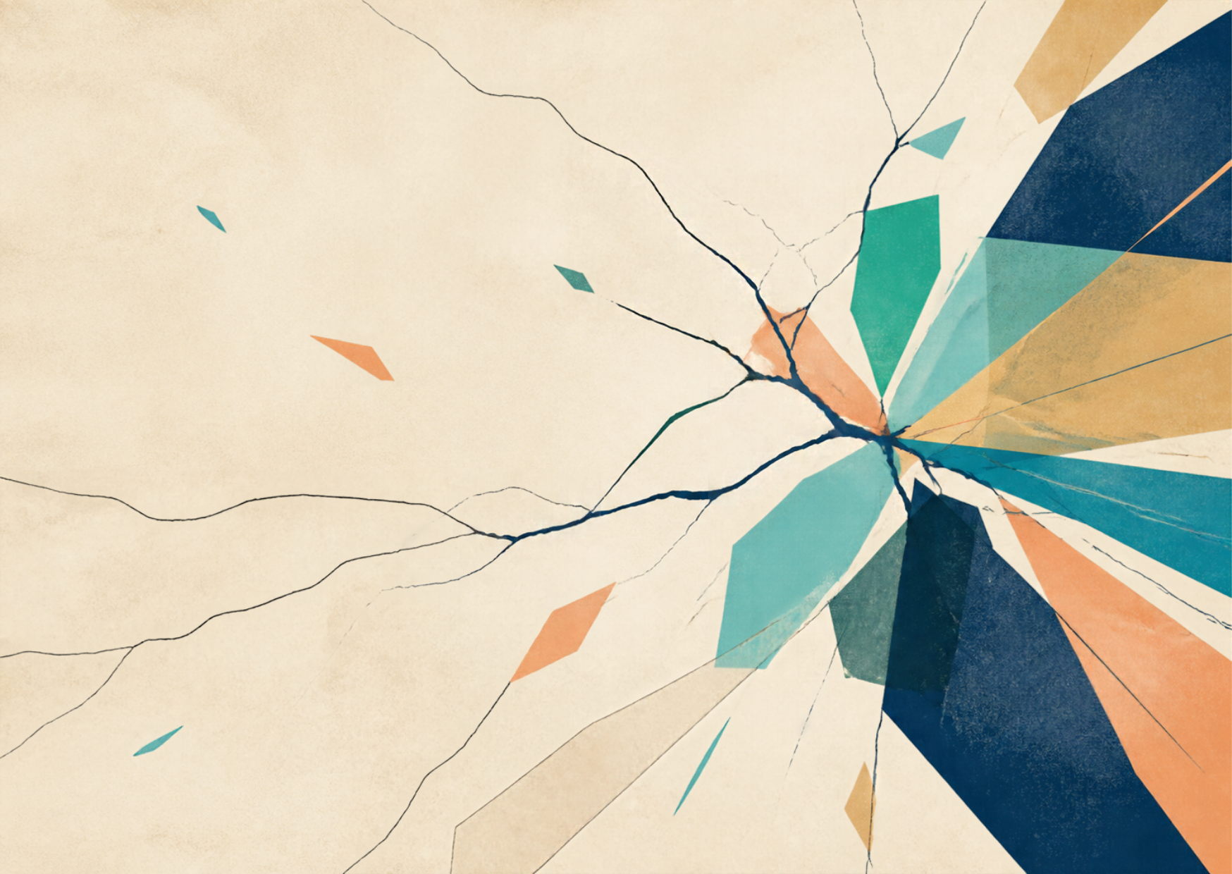 Abstract illustration of cracks spreading across cream paper into a burst of navy, teal, orange and sand shards