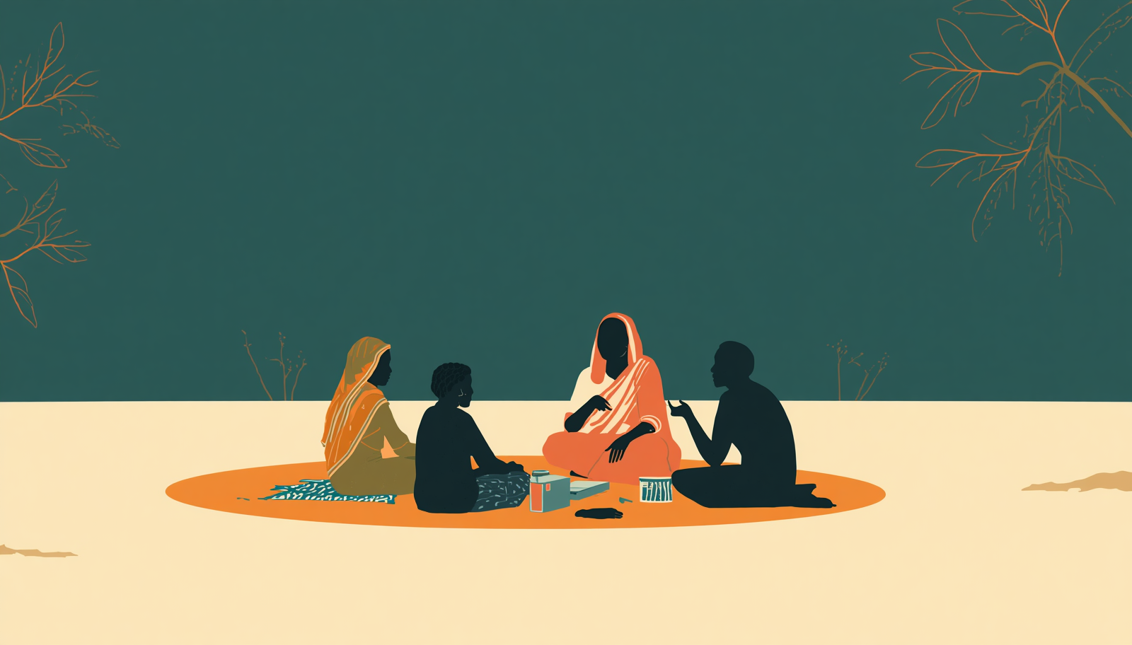 Minimal editorial illustration of four people seated outdoors in a rural South Asian community, engaged in an informal conversation using a restrained palette of navy, terracotta, beige, and muted green.