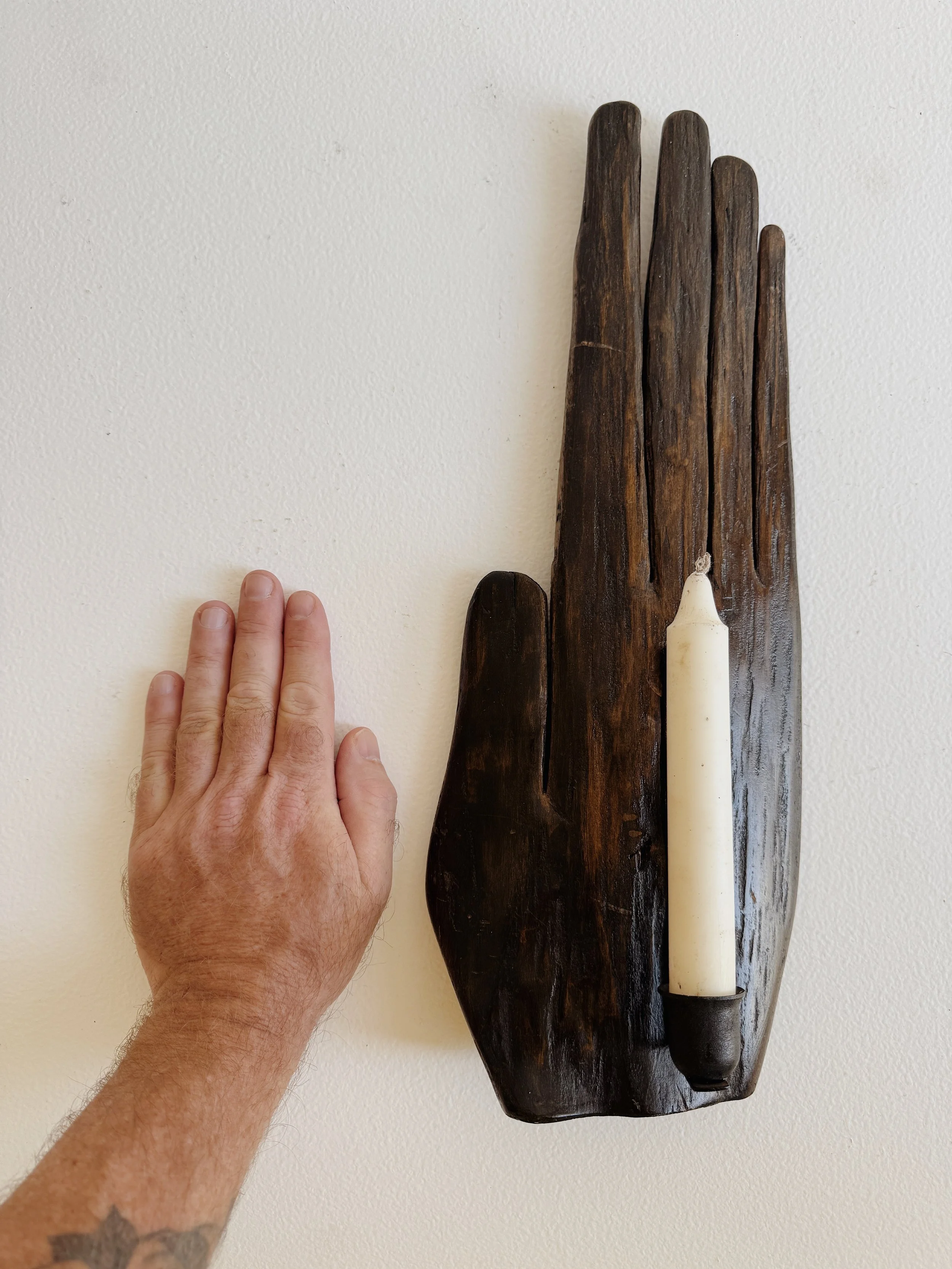 Antique Huge Carved Folk Art Hand Sconce