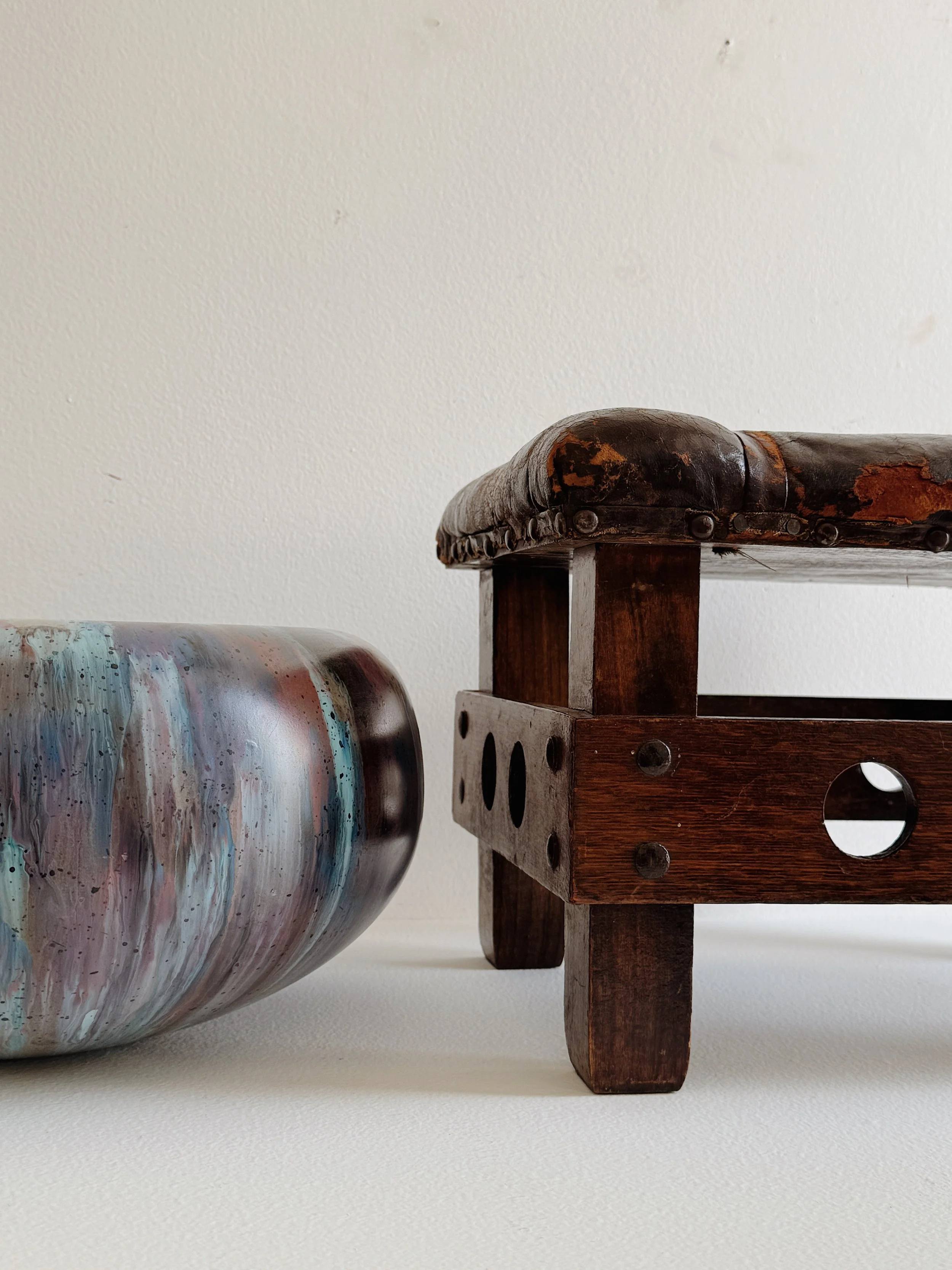 Antique Modernist Low Leather Bench