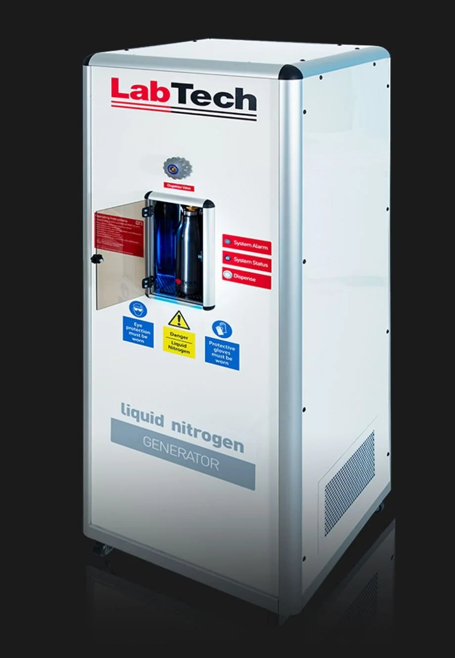 A liquid nitrogen generator from LabTech with a metallic body, control panel, and a transparent section displaying liquid nitrogen storage. It has warning labels, system status indicators, and safety instructions.