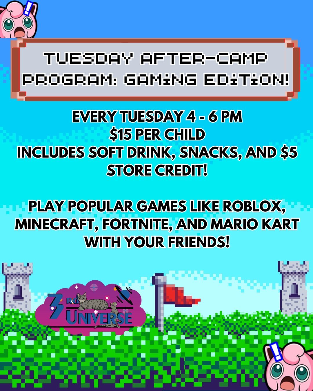 Get gaming all summer long at 3rd Universe! 

We will be offering a special &ldquo;after-camp&rdquo; program each weekday from 4-6pm, featuring a different hobby or activity each day for attendees to try out. Tuesdays are our general gaming days, mea
