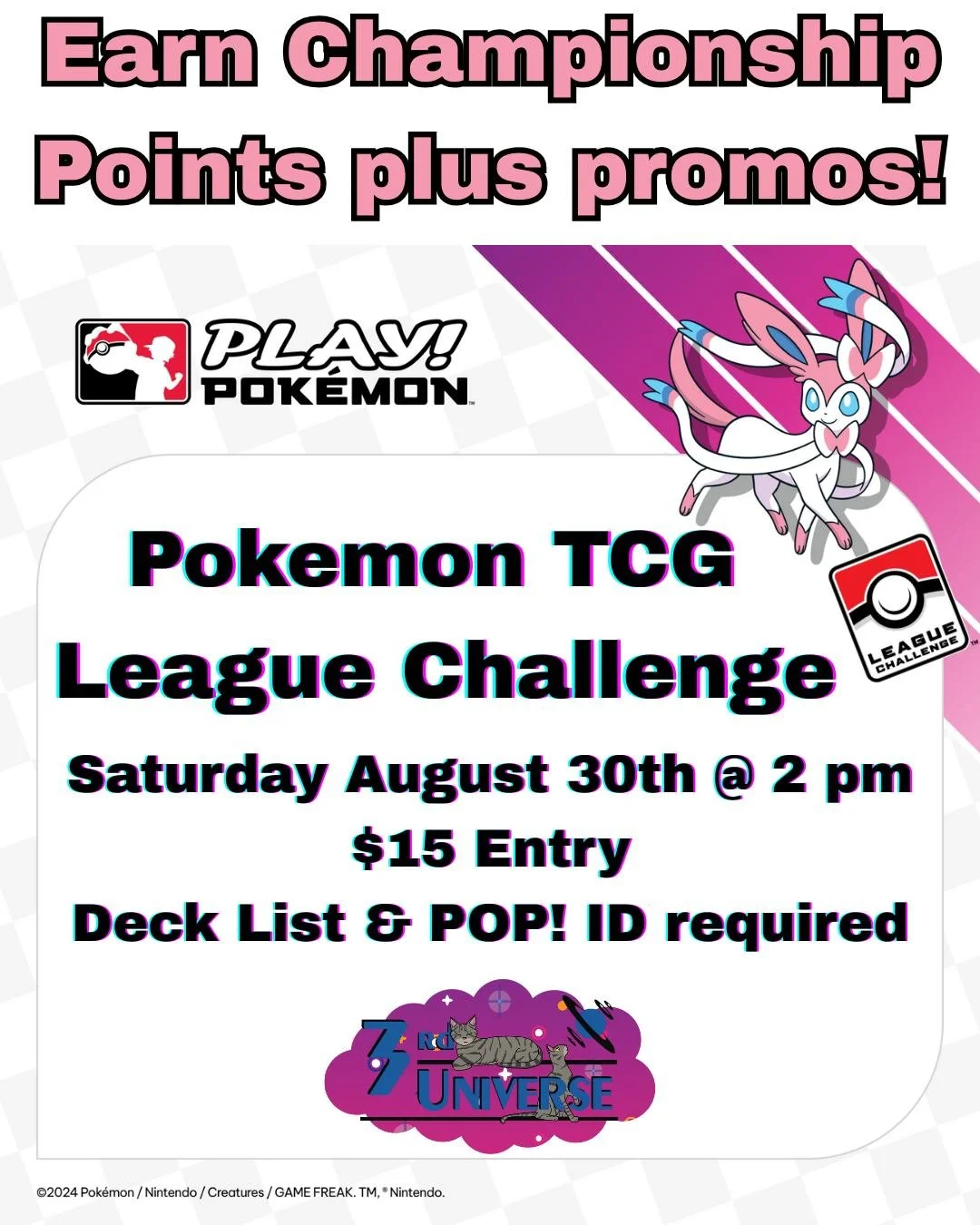 Mark your calendars, Trainers! Our next Pokemon TCG League Challenge will be on Saturday, August 30th at 2 pm 😍 Make sure to bring your deck, your deck list, and your A-game! Find out more info and sign up online: https://www.the3rduniverse.com/even