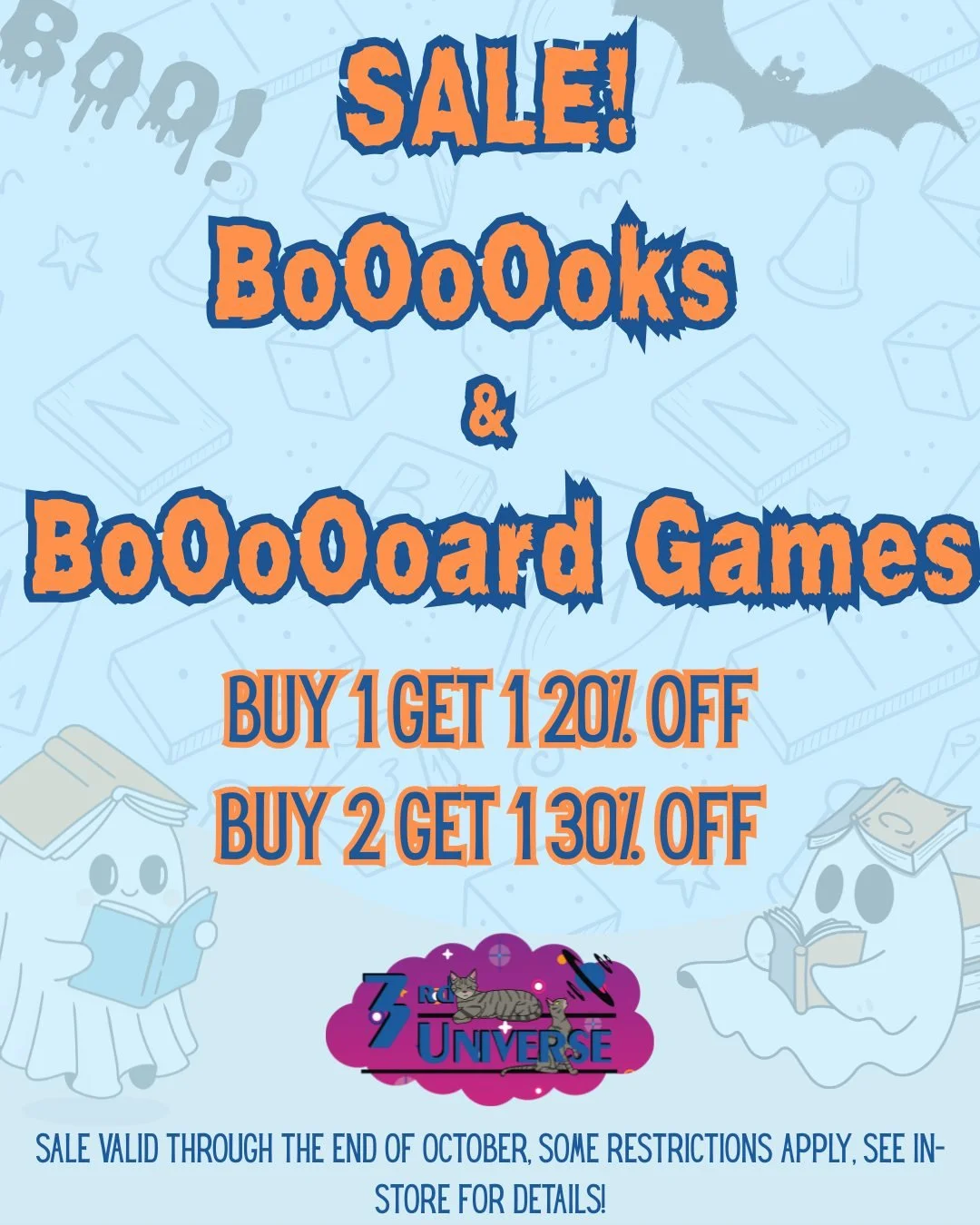 BOO 👻 Trick or treat? We've got a special treat for everyone this Halloween season! All books and board games are buy one, get one 20% off! Buy two, get one 30% off for our dice goblins and tome delvers too 🎃 Only valid through the end of October, 