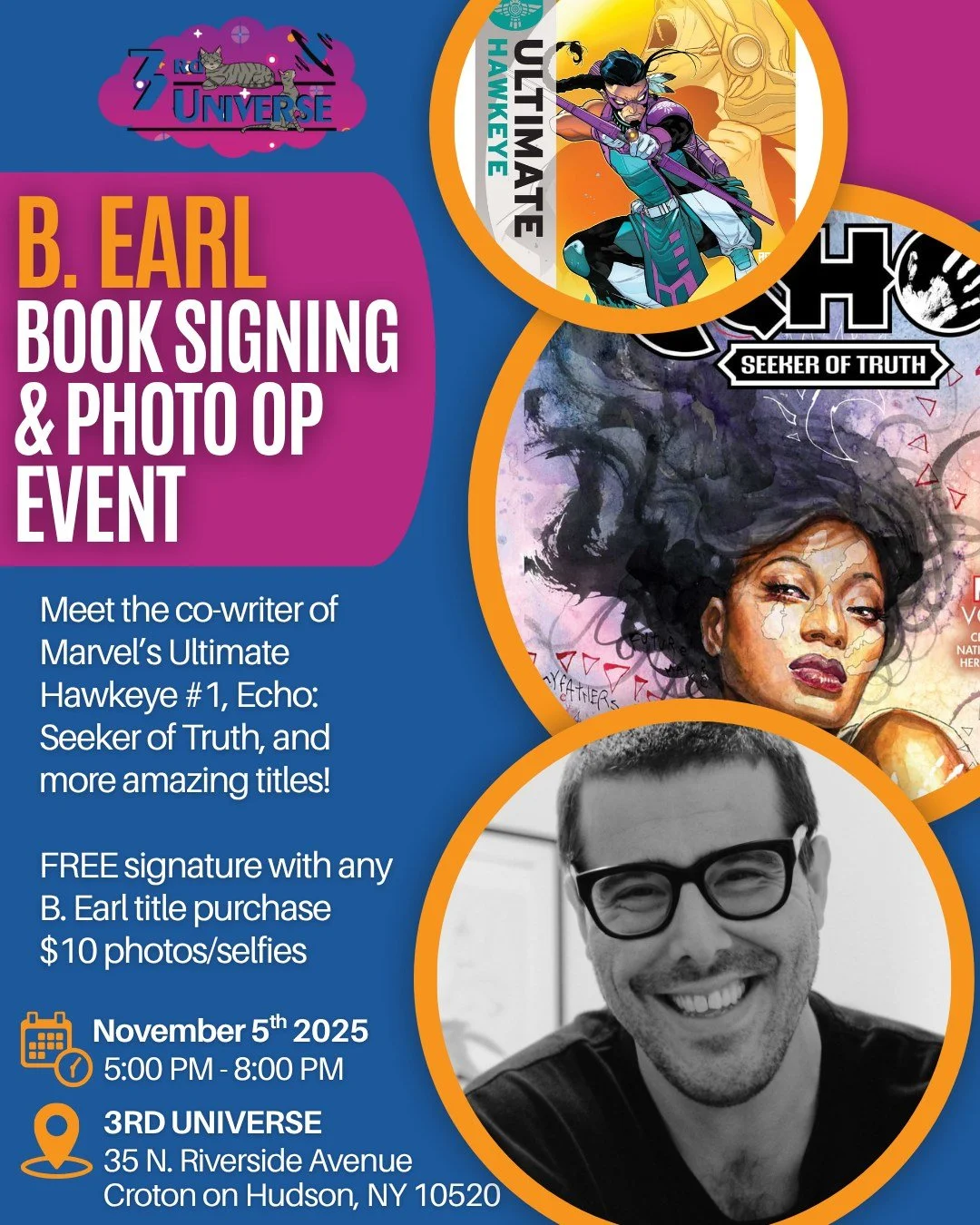 We can't wait to host Marvel Comics writer B. Earl for a special signing on Wednesday, Nov. 5th at 5 pm! Free signature with any B. Earl title purchase 😍