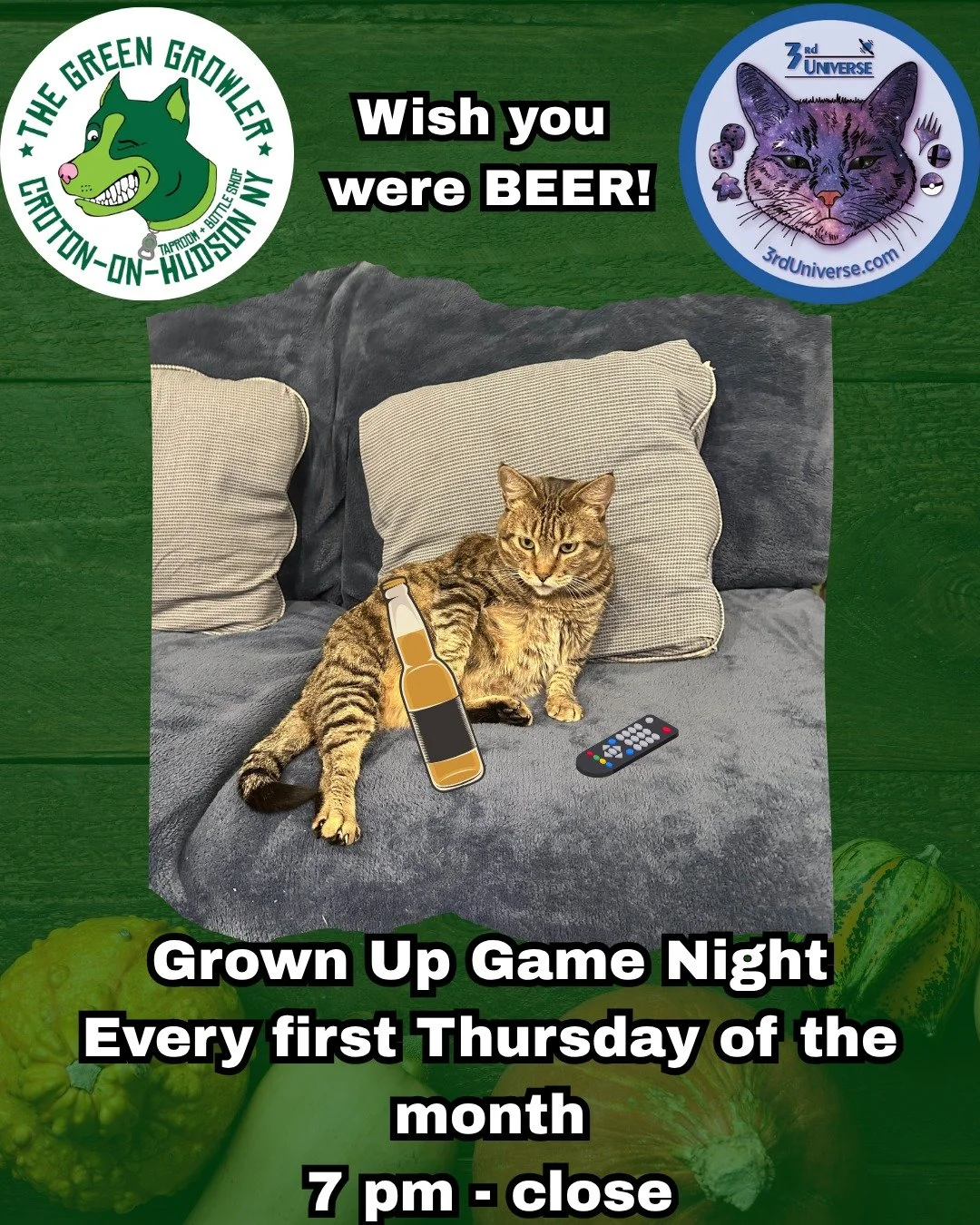 Sip on delicious regional brews and game with your friends at the @green_growler during our Grown Up Game Night! Every first Thursday of the month from 7 pm - close! 🍻