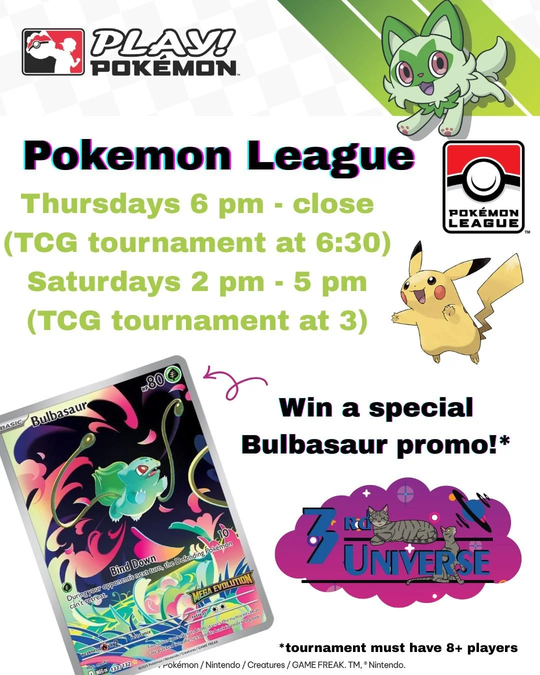 Join us every Thursday and Saturday for Pokemon League! Play, trade, hang out, and earn special Play! Pokemon packs for signing in with your Pokemon Player ID 😎