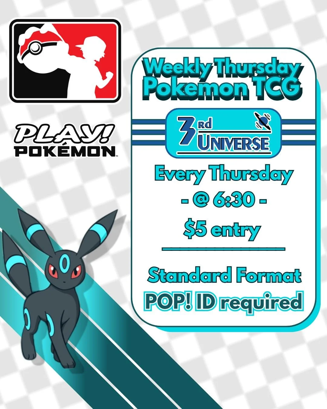 Join us every week for our standard-format Pokemon TCG tournaments! $5 entry. Not a player? No problem! We also host trading and hanging out for Pokemon Trainers of all ages. Sign in with your POP! ID and receive a special Play! Pokemon pack!