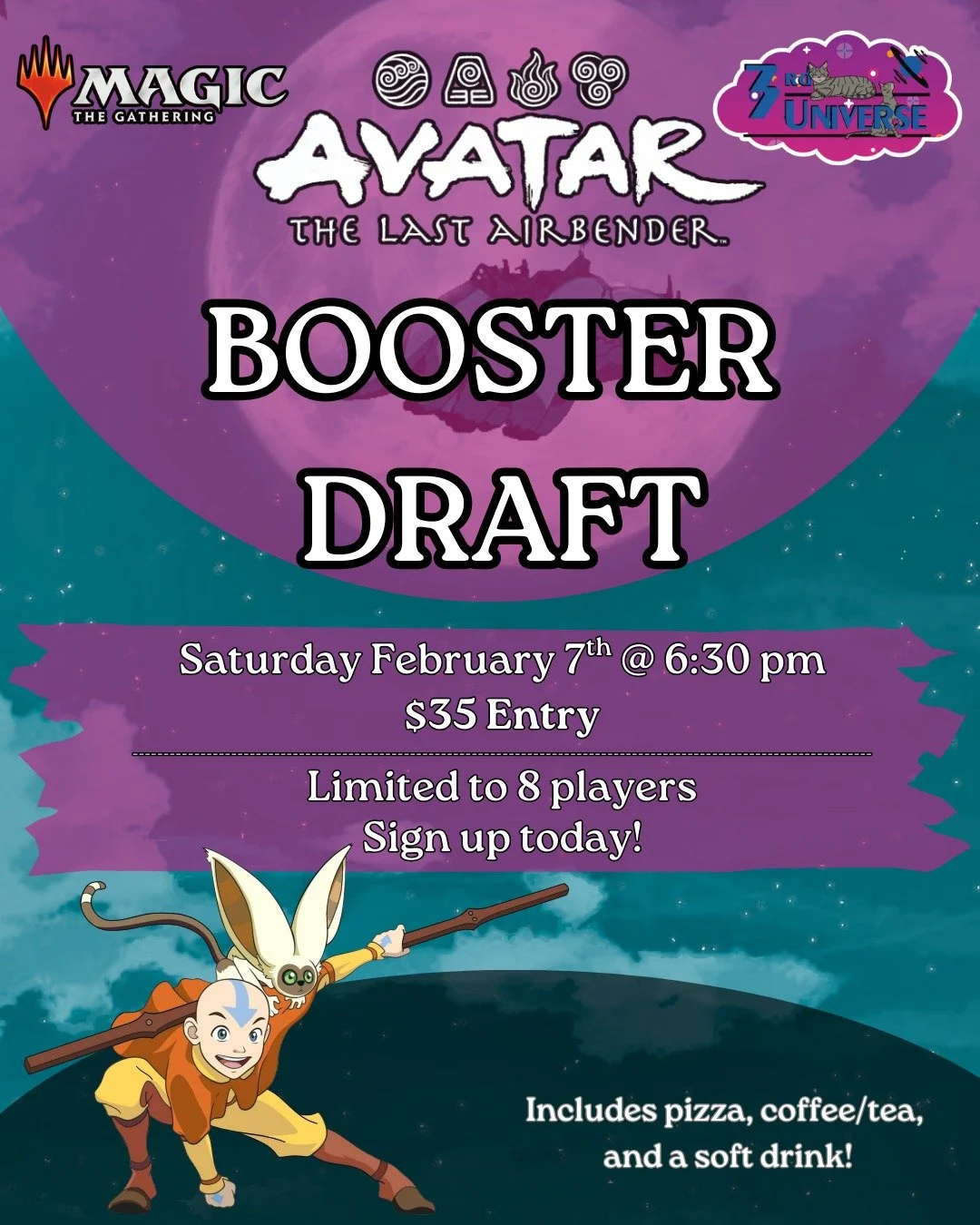 Sign up for a fun MTG: Avatar the Last Airbender draft this Saturday at 7 pm! Master the elements, make friends along the way- just don't drink the cactus juice 🌵 Space is limited, so make sure to sign up online if you'd like to attend: https://www.