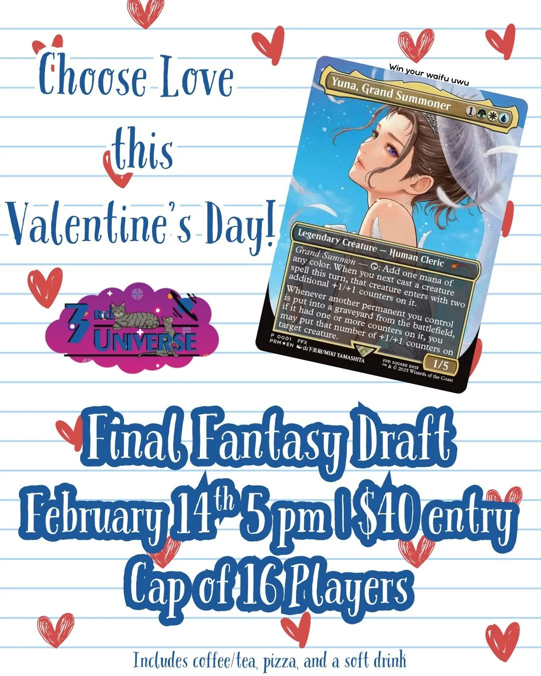 We ❤ love! Celebrate Valentines Day with your beloved Magic friends by drafting Final Fantasy! Find out more info + sign up online: https://www.the3rduniverse.com/event-tickets/p/ff-valentine